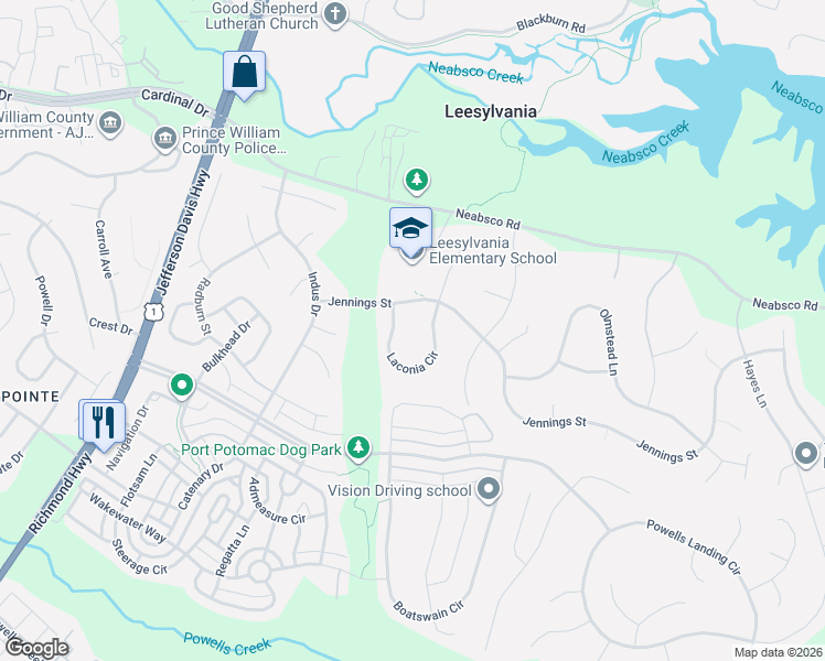 map of restaurants, bars, coffee shops, grocery stores, and more near 16022 Laconia Circle in Woodbridge
