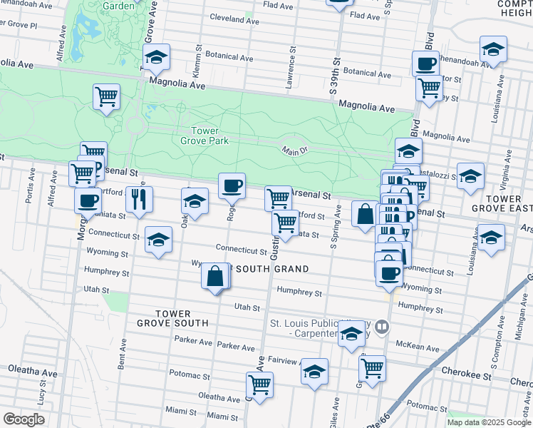 map of restaurants, bars, coffee shops, grocery stores, and more near 3918 Hartford Street in St. Louis