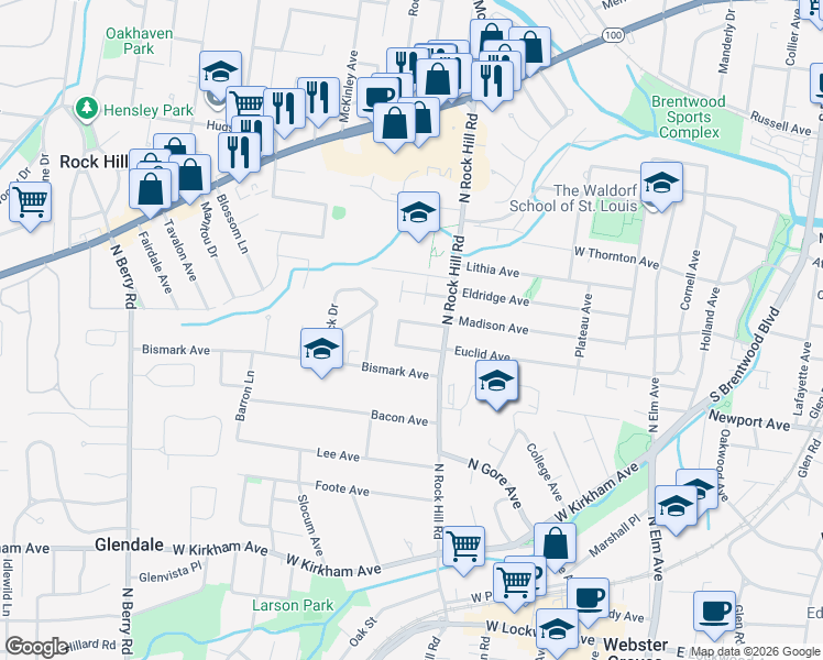 map of restaurants, bars, coffee shops, grocery stores, and more near 424 Lone Oak Drive in St. Louis