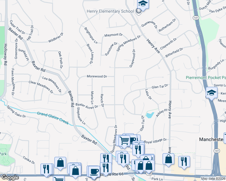 map of restaurants, bars, coffee shops, grocery stores, and more near 517 Spring Meadows Drive in Ballwin