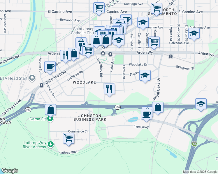 map of restaurants, bars, coffee shops, grocery stores, and more near 2027 Oxford Street in Sacramento