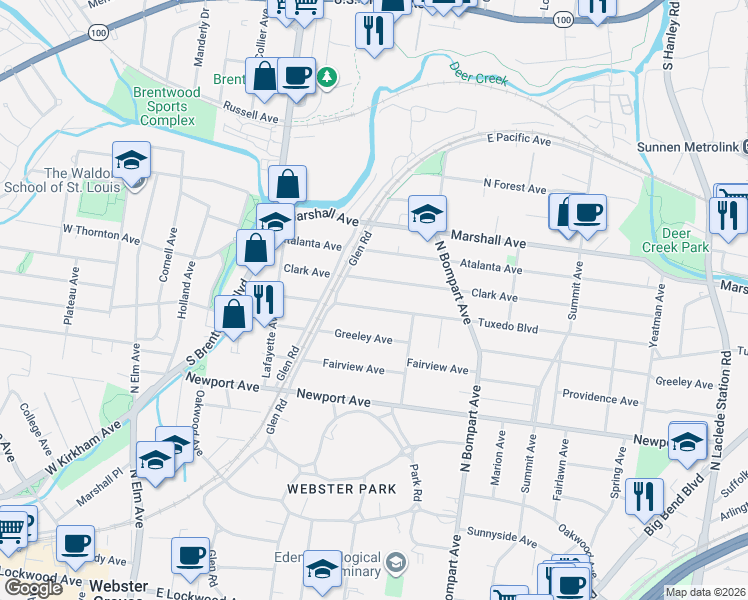 map of restaurants, bars, coffee shops, grocery stores, and more near 429 Tuxedo Boulevard in Webster Groves