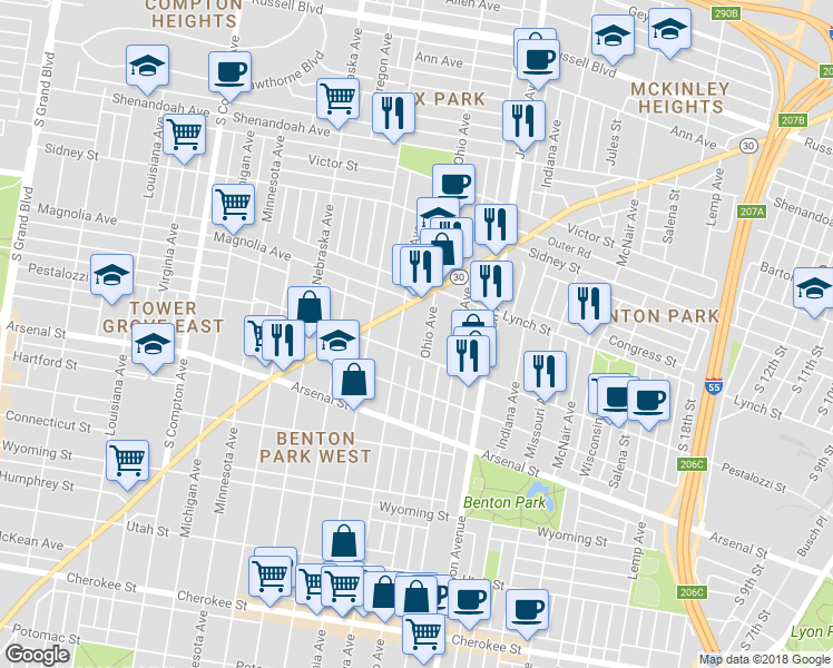 map of restaurants, bars, coffee shops, grocery stores, and more near 2849 Ohio Avenue in St. Louis