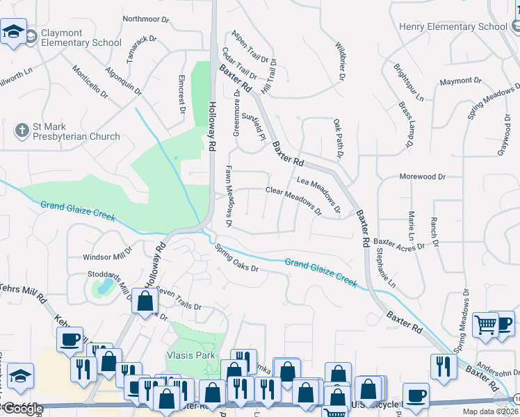 map of restaurants, bars, coffee shops, grocery stores, and more near 6 Cool Meadows Drive in Ballwin