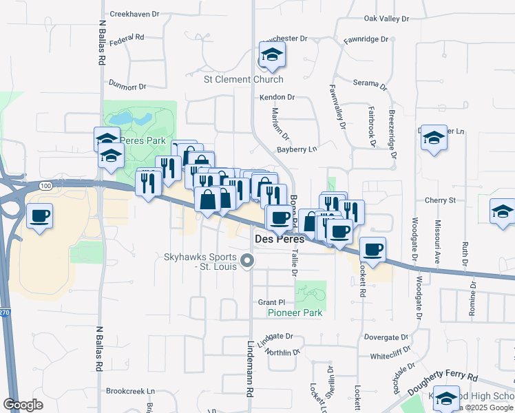 map of restaurants, bars, coffee shops, grocery stores, and more near 11945 Manchester Road in Des Peres