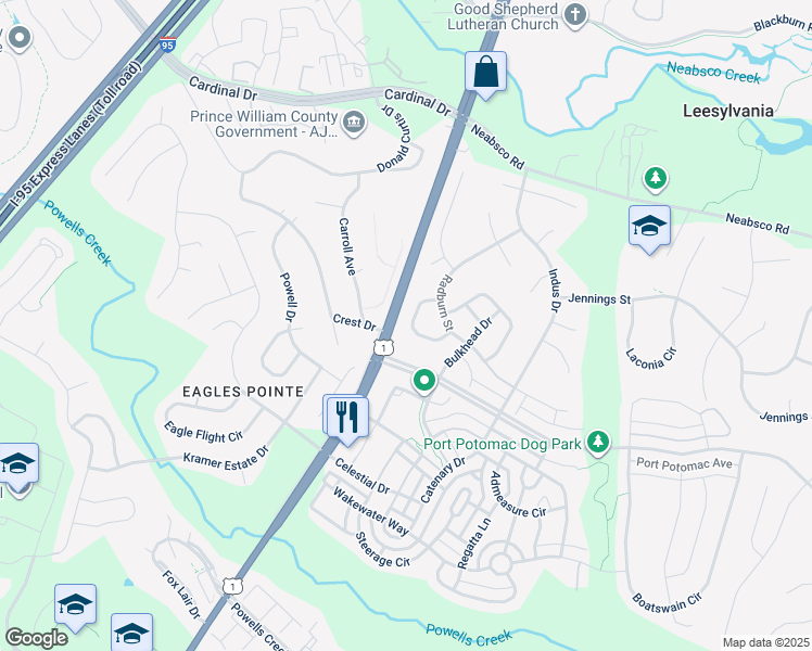 map of restaurants, bars, coffee shops, grocery stores, and more near 2832 Compass Circle in Woodbridge