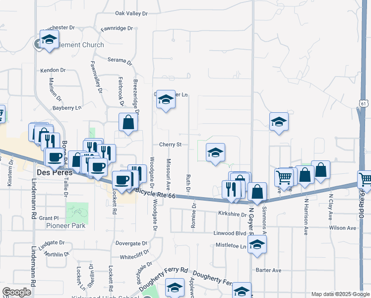 map of restaurants, bars, coffee shops, grocery stores, and more near 1245 Ruth Drive in Kirkwood