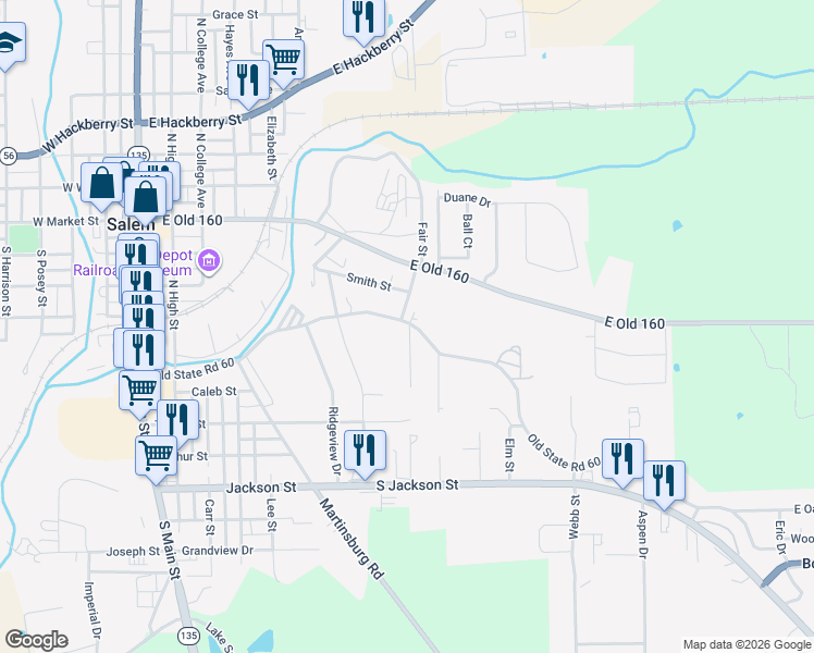 map of restaurants, bars, coffee shops, grocery stores, and more near 893 Old Indiana 60 in Salem
