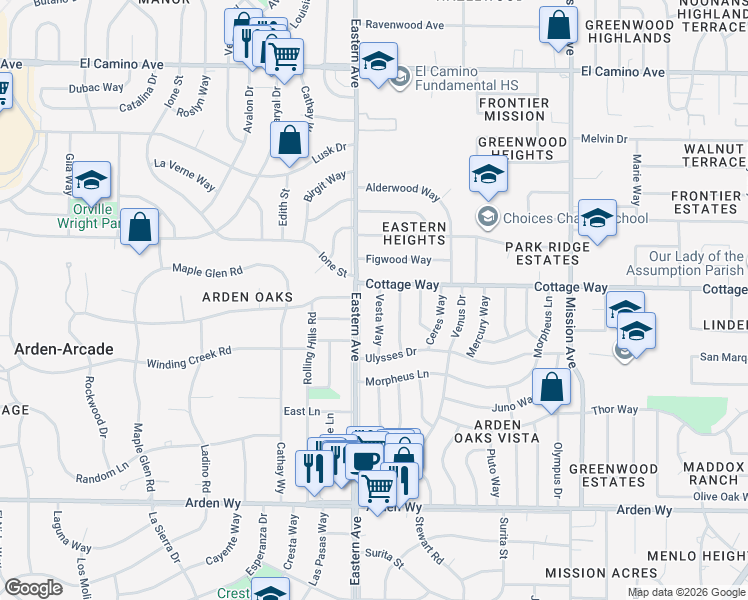 map of restaurants, bars, coffee shops, grocery stores, and more near 2045 Vesta Way in Sacramento