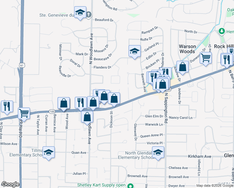 map of restaurants, bars, coffee shops, grocery stores, and more near 1191 Mariedale Court in Kirkwood
