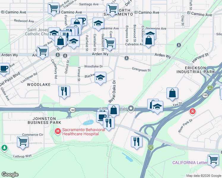 map of restaurants, bars, coffee shops, grocery stores, and more near 2059 Royal Oaks Drive in Sacramento