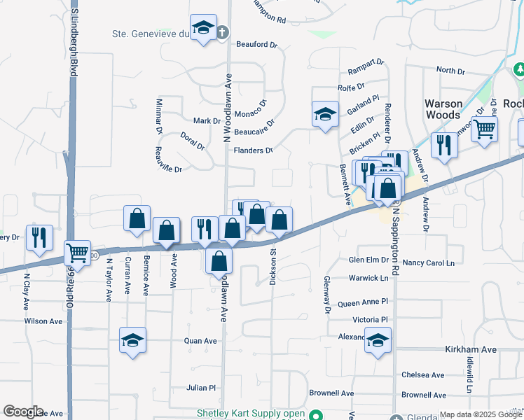 map of restaurants, bars, coffee shops, grocery stores, and more near 1152 Ascot Lane in Kirkwood
