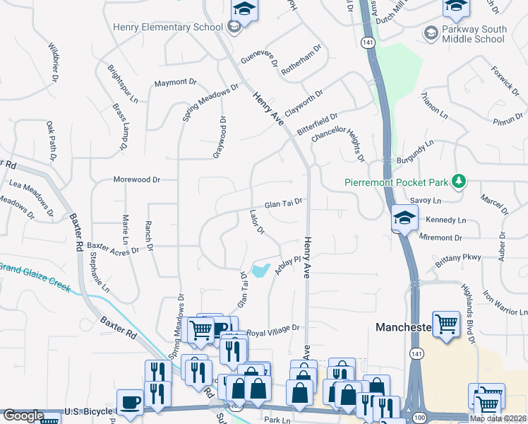 map of restaurants, bars, coffee shops, grocery stores, and more near 16 Nicolet Drive in Ballwin