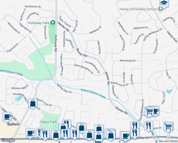 map of restaurants, bars, coffee shops, grocery stores, and more near 120 Clear Meadows Drive in Ballwin
