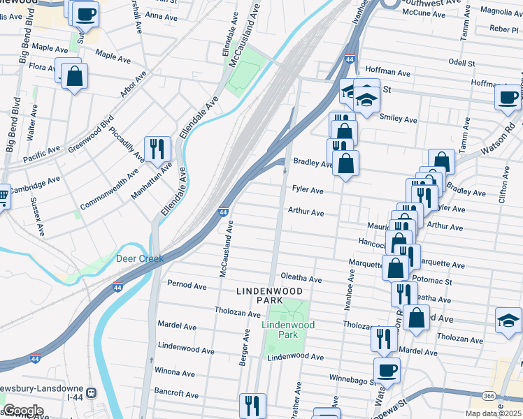 map of restaurants, bars, coffee shops, grocery stores, and more near 6936 Arthur Avenue in St. Louis