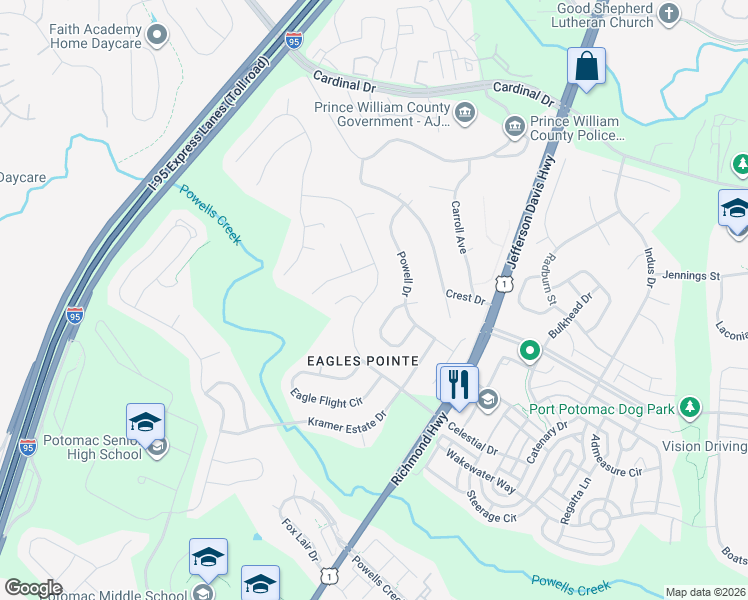 map of restaurants, bars, coffee shops, grocery stores, and more near 2968 American Eagle Boulevard in Woodbridge