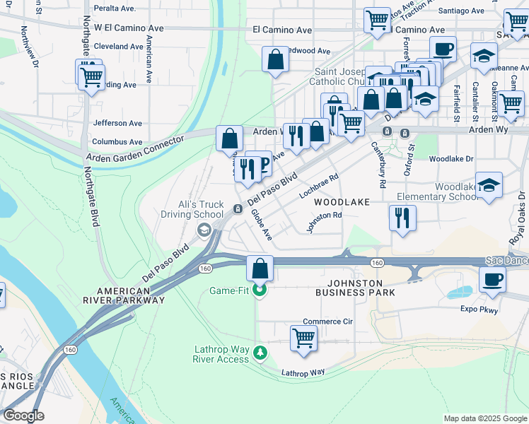 map of restaurants, bars, coffee shops, grocery stores, and more near 1013 Lochbrae Road in Sacramento