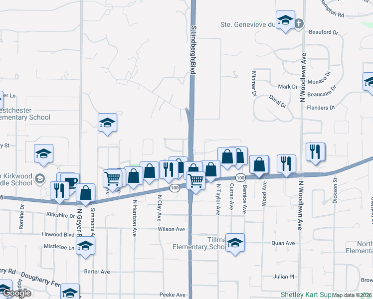 map of restaurants, bars, coffee shops, grocery stores, and more near 1234 Willow View Drive in Kirkwood