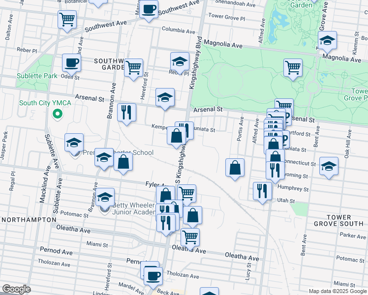 map of restaurants, bars, coffee shops, grocery stores, and more near 4947 Connecticut Street in St. Louis