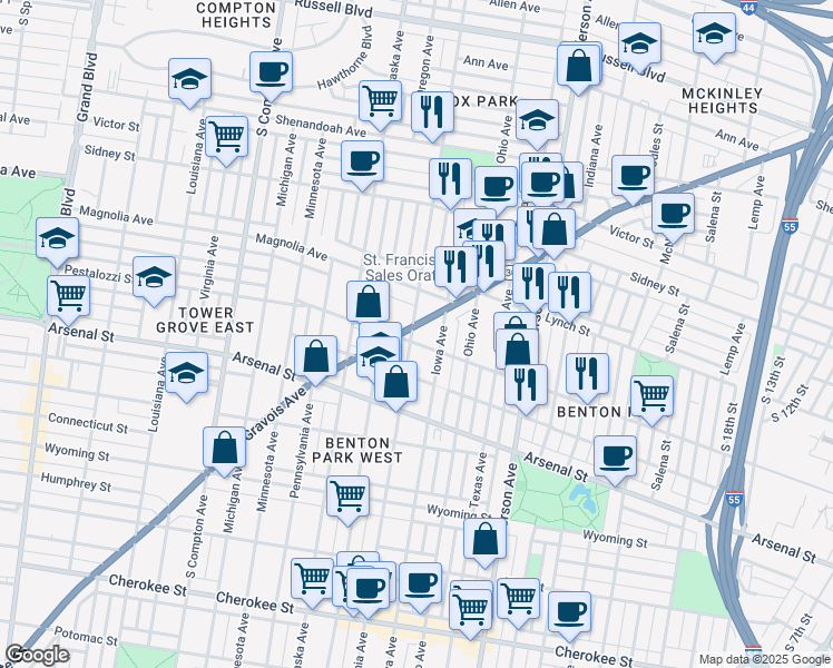 map of restaurants, bars, coffee shops, grocery stores, and more near 2846 California Avenue in St. Louis