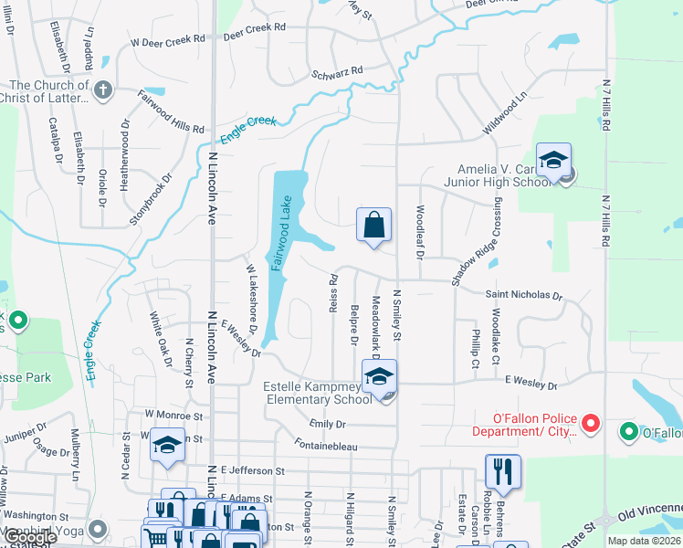 map of restaurants, bars, coffee shops, grocery stores, and more near 1 Fox Run in O'Fallon
