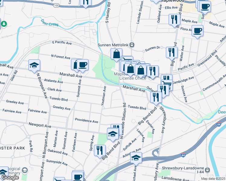 map of restaurants, bars, coffee shops, grocery stores, and more near 933 Brookside Avenue in Webster Groves