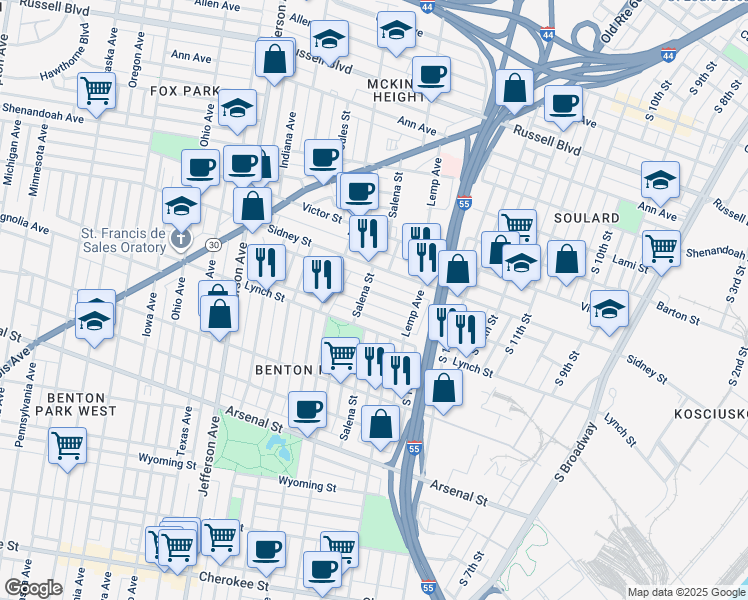 map of restaurants, bars, coffee shops, grocery stores, and more near 1944 Senate Street in St. Louis