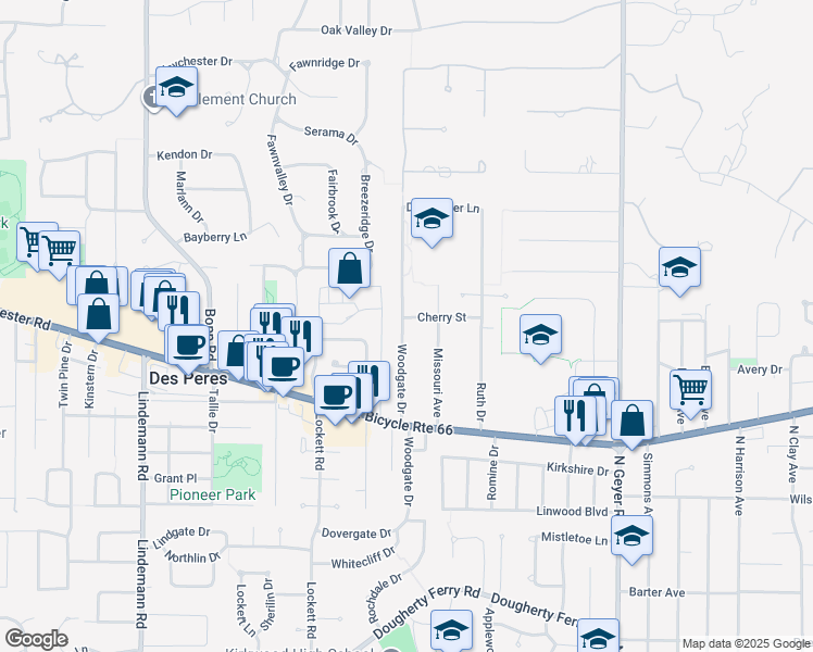 map of restaurants, bars, coffee shops, grocery stores, and more near 1231 Woodgate Drive in Kirkwood
