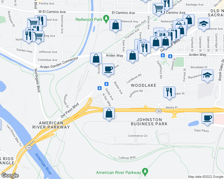map of restaurants, bars, coffee shops, grocery stores, and more near 1017 Lochbrae Road in Sacramento