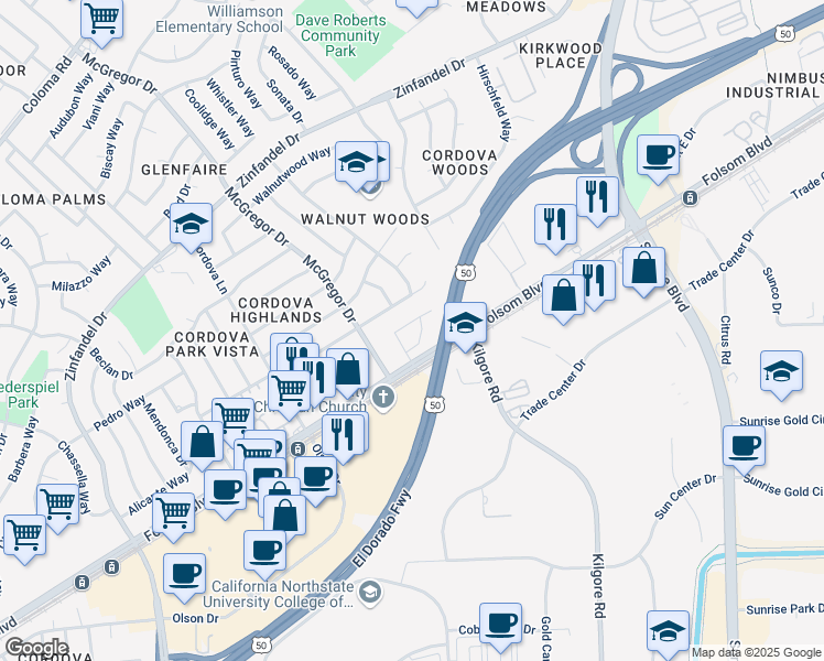 map of restaurants, bars, coffee shops, grocery stores, and more near 2627 Los Nogales Way in Rancho Cordova