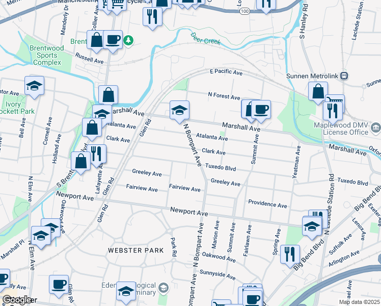 map of restaurants, bars, coffee shops, grocery stores, and more near 616 Clark Avenue in Webster Groves