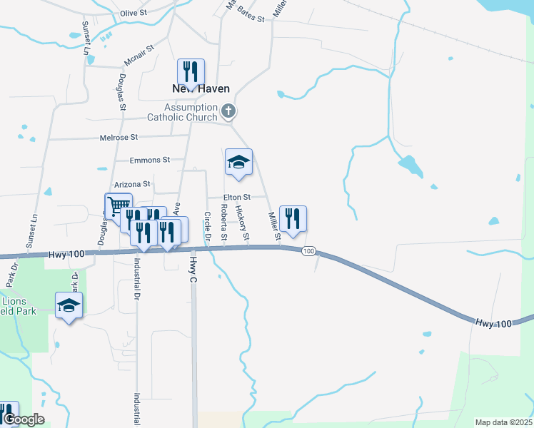 map of restaurants, bars, coffee shops, grocery stores, and more near 203 Miller Street in New Haven
