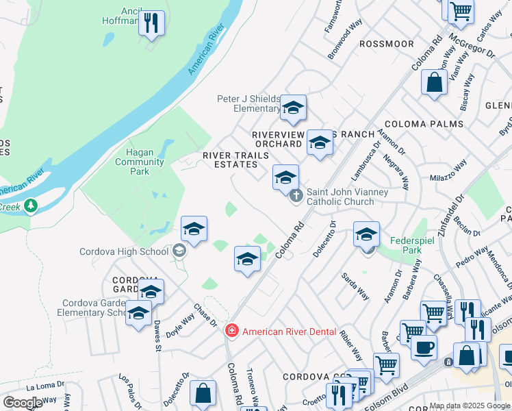 map of restaurants, bars, coffee shops, grocery stores, and more near 2329 Sierra Madre Court in Rancho Cordova