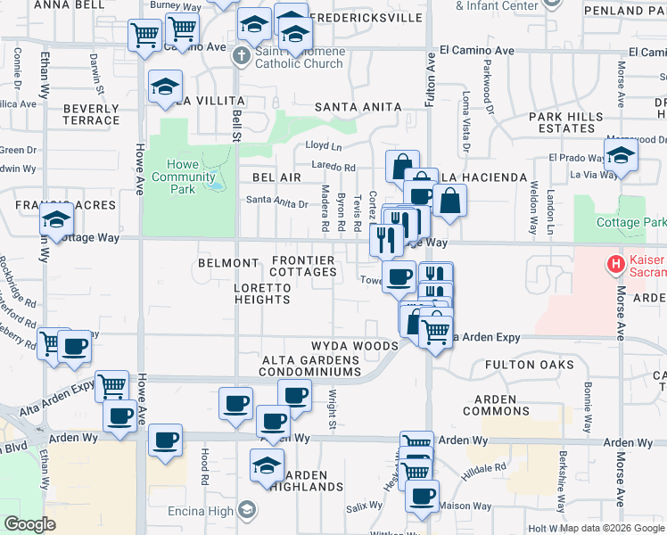 map of restaurants, bars, coffee shops, grocery stores, and more near 2020 Wright Street in Sacramento
