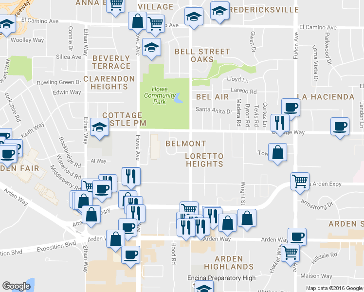 map of restaurants, bars, coffee shops, grocery stores, and more near 2045 Woodstock Way in Sacramento