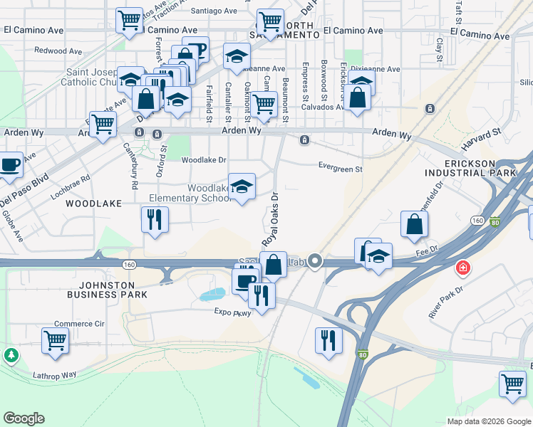 map of restaurants, bars, coffee shops, grocery stores, and more near 2059 Royal Oaks Drive in Sacramento