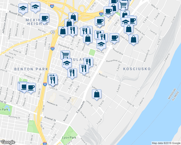 map of restaurants, bars, coffee shops, grocery stores, and more near 2400 South 9th Street in St. Louis