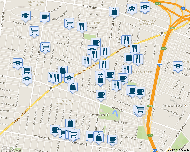 map of restaurants, bars, coffee shops, grocery stores, and more near 2835 Texas Avenue in St. Louis