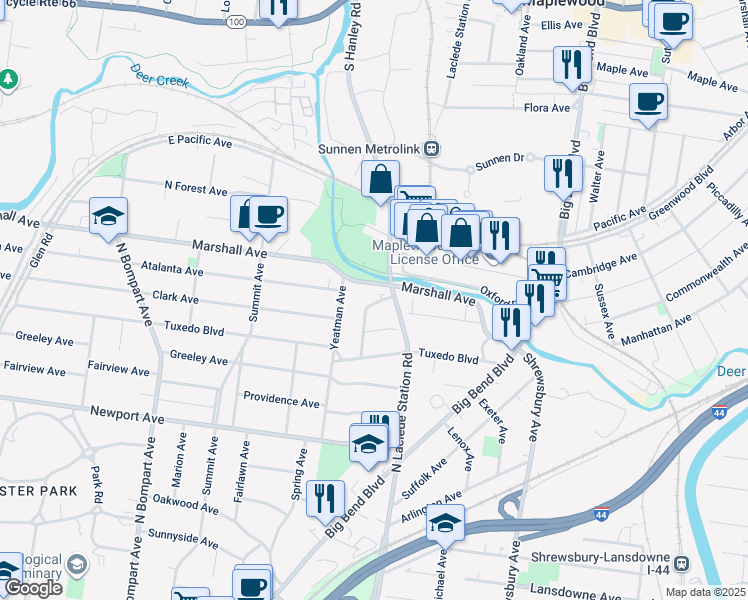 map of restaurants, bars, coffee shops, grocery stores, and more near 933 Brookside Avenue in Webster Groves