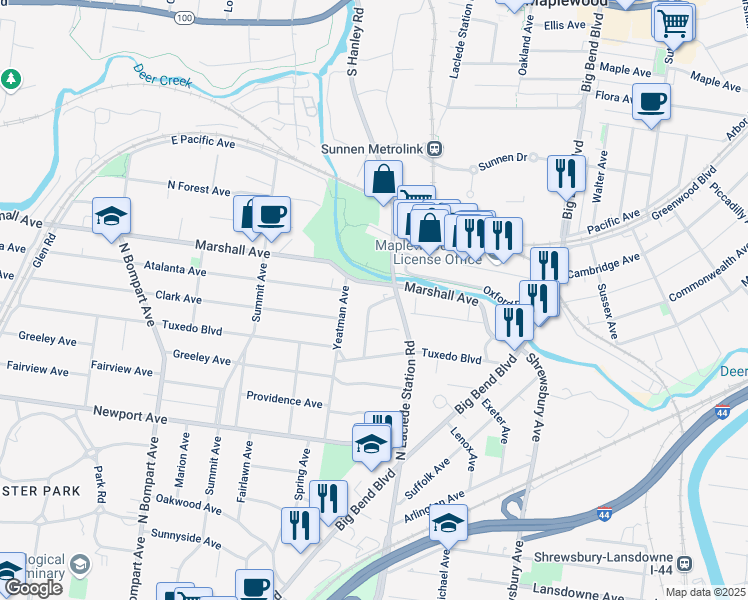 map of restaurants, bars, coffee shops, grocery stores, and more near 933 Brookside Avenue in Webster Groves