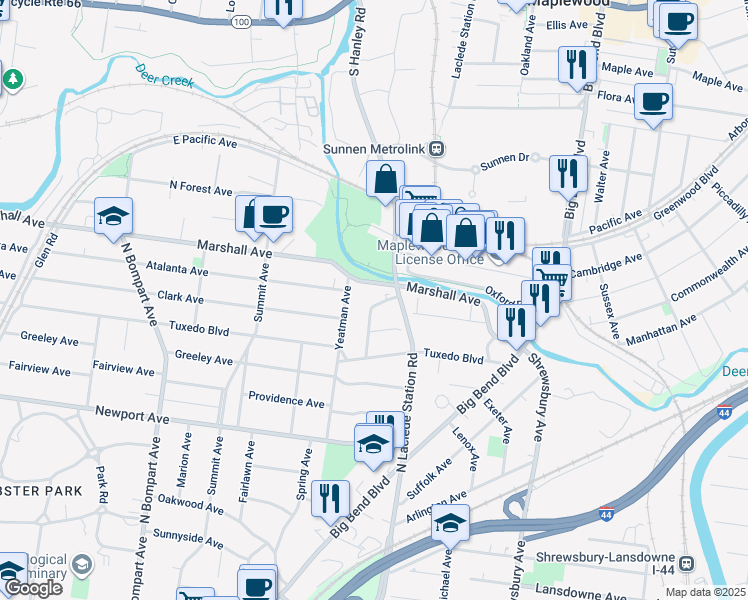 map of restaurants, bars, coffee shops, grocery stores, and more near 933 Brookside Avenue in Webster Groves