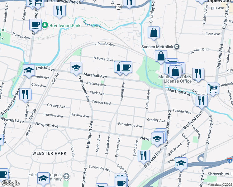 map of restaurants, bars, coffee shops, grocery stores, and more near 735 Clark Avenue in Webster Groves