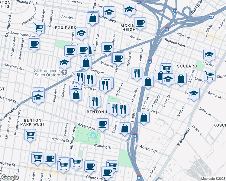 map of restaurants, bars, coffee shops, grocery stores, and more near 2021 Congress Street in St. Louis