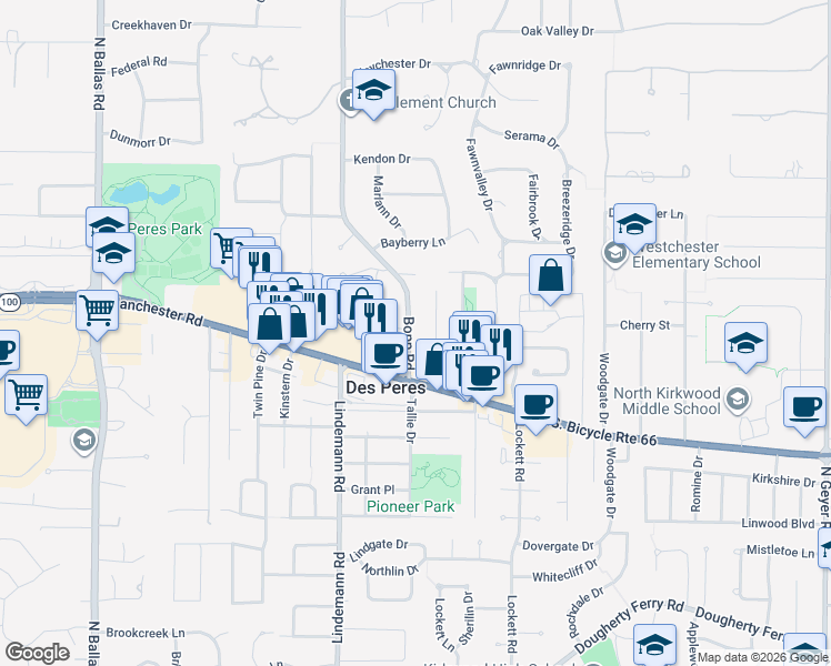 map of restaurants, bars, coffee shops, grocery stores, and more near 1118 Bopp Road in Des Peres