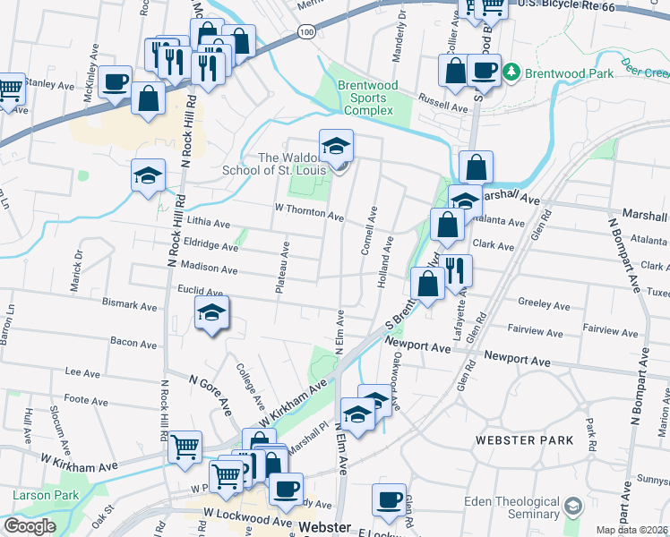map of restaurants, bars, coffee shops, grocery stores, and more near 613 North Elm Avenue in Webster Groves