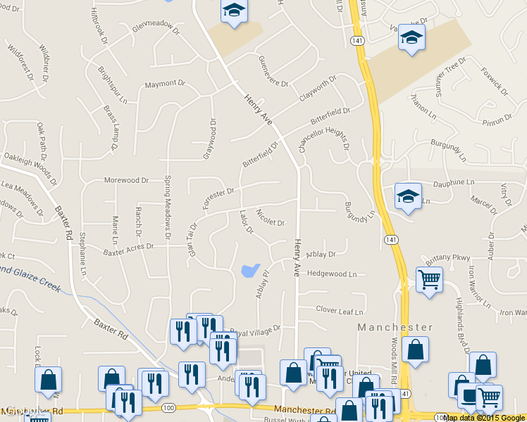 map of restaurants, bars, coffee shops, grocery stores, and more near 16 Nicolet Drive in Ballwin