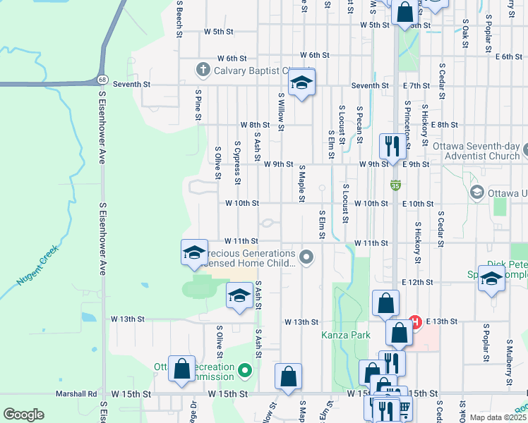 map of restaurants, bars, coffee shops, grocery stores, and more near 1009 South Ash Street in Ottawa