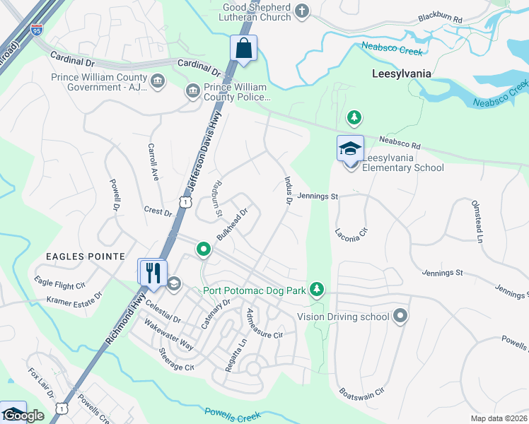 map of restaurants, bars, coffee shops, grocery stores, and more near 2640 Cast Off Loop in Woodbridge