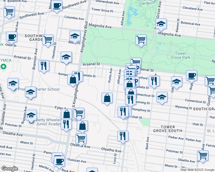 map of restaurants, bars, coffee shops, grocery stores, and more near 3185 Portis Avenue in St. Louis