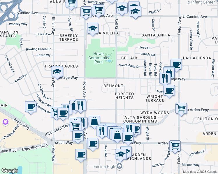 map of restaurants, bars, coffee shops, grocery stores, and more near 2049 Woodstock Way in Sacramento